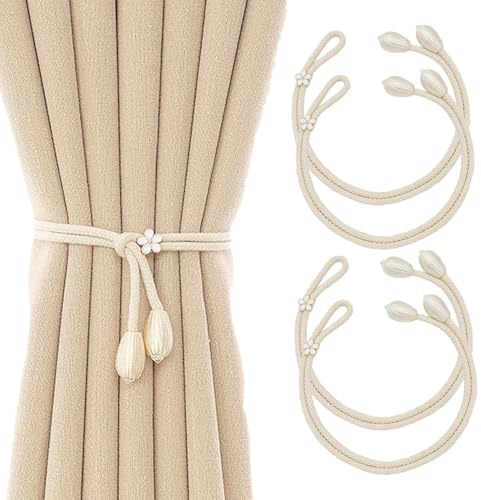 SanKristo Fermatende per Tende 4 Pezzi, Nessuna Punzonatura Lunghezza Regolabile con Grande Palla Intrecciata Doppia, Piccolo Fiori Decorativi Tenda Decorativi Accessori Beige
