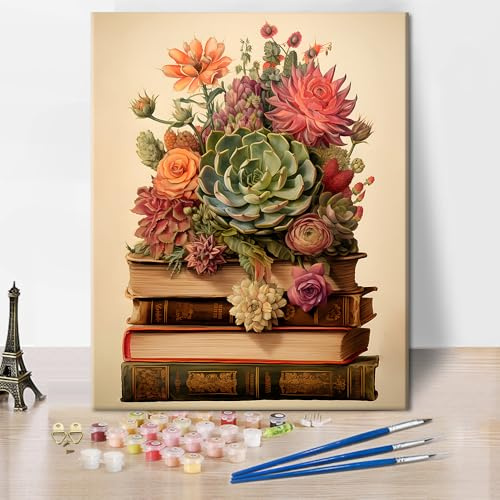 TISHIRON A Succulent on a Book- Paint by Numbers for Adults Beginner, Vintage Plant Adult Paint by Number Kits, Abstract Canvas Painting Kits for Men Women,Home Library Wall Decor 16x20in Frameless