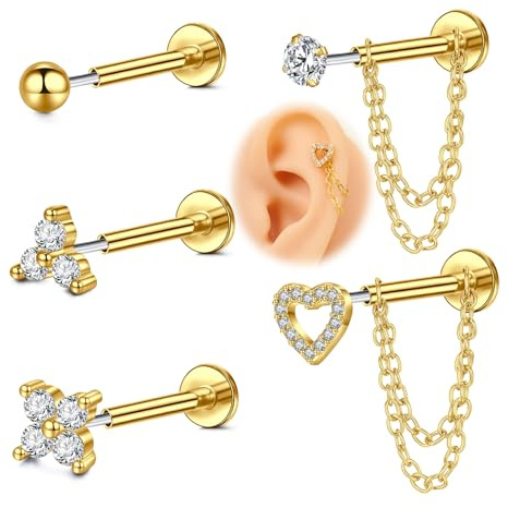 QSKISS 16G Flat Back Piercing Ohrs Push In Knorpelpiercing Kettenpiercing Ohr Für Frauen Edelstahl Hypoallergen Fadenloses Tragus Piercing