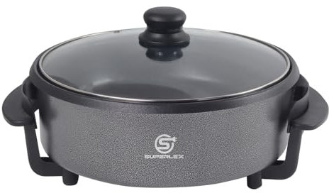 SUPERLEX Padella elettrica 1500 W con coperchio, 28 cm, in alluminio e acciaio, rivestimento antiaderente, regolazione della temperatura, termostato rimovibile, coperchio in vetro temperato