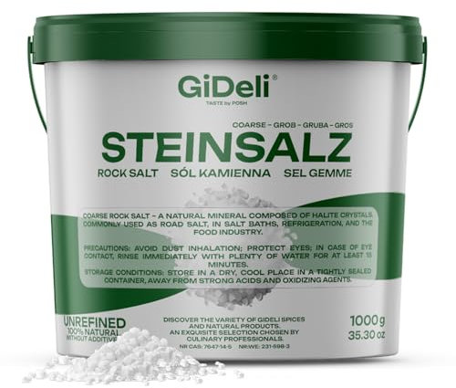 GiDeli Sal de roca gruesa 1 kg natural sin refinar sin aditivos para baños, alimentos, refrigeración calles