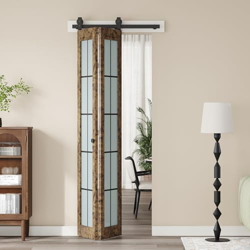 CEAKIAN Preassembled Bifold Barn Door 30 x 84 in,Double 15 x 84 in Solid Wood & Grid Glass Panels, Bi-Fold Barn Door with Hardware Kit, Vintage Industrial Interior Door, Fit 30in Opening
