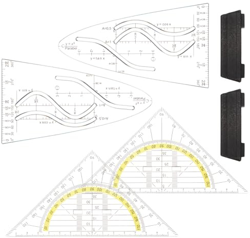 TIESOME 4 Stück Parabelschablone Mathe,14cm Geodreieck mit Schwarz Griff Transparent Parabel Lineal Schablone Kurvenschablone Cosinus Tangens Kunststoff Geodreieck für Studenten Büros und Designer