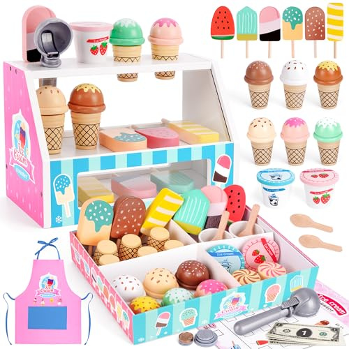 Melofaver Eisladen Kinder Holz, Eisdiele Kinder Holz, EIS Holzspielzeug | Eis Holzspielzeug Spielküche mit Schürzen, Kinderspielzeug Kaufladen Zubehör, Geschenk für Mädchen Jungen ab 3 4 Jahre