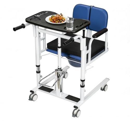 MINDMED Patient Lift Transfer Chair for Home, 440lbs Capacity,Equipped with a Hydraulic Lift Bar, Commode, and Dining Table，4 in 1 Shower Chair with 180° Split Seat, for Elderly Transfer to Bed/Toilet