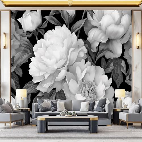 Watercolor Elegant Peony Flowers Wall Mural - 200 x 140 cm (W x H) 3D Photo Wallpaper, Black White Wallpaper & Room Decor for Living Room Playroom Nursery Teen Room Kids' Photo Mural Wall Art