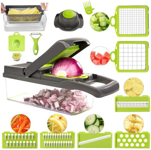 16 in 1 Vegetable Chopper, Multifunctional Veg Cutter Kitchen Mandoline Slicer with Stainless Steel Blades Food Dicer for Salad Potato Onion Chopper Box with Lid, Egg Yolk Separator & Fruit Peeler