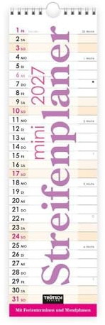 TRÖTSCH Streifenkalender Mini Violett 2027 | Wandkalender, Notizkalender