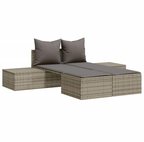 HGFDCBK Doppel-Sonnenliege mit Kissen Grau Poly Rattan, modulare Doppelliege aus PE-Rattan mit dick gepolsterten Sitzkissen, abnehmbaren und waschbaren Bezügen sowie pulverbeschichtetem