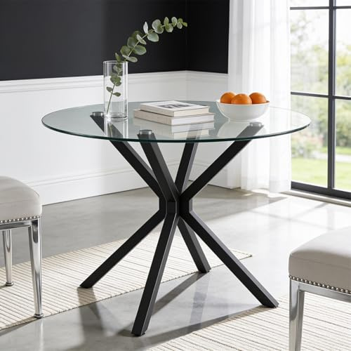 Blisswood Round Dining Table, Dining Table for 4 Seater, 90cm Tempered Glass Kitchen Table with Black Cross Base Iron Legs, Modern Dining Room Furniture for Breakfast, Home, Apartment & Small Spaces