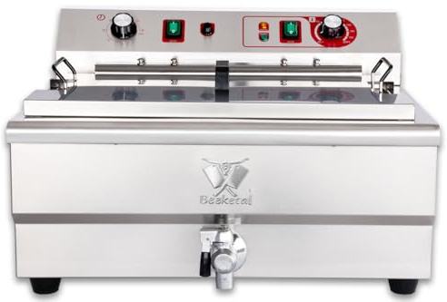 Beeketal 'BWF-301P' Profi Gastronomie Kaltzonen Fritteuse/Fettbackgerät mit seitlichem Abtropfgitter (30l Volumen für max. 24l Öl) Edelstahl Gastro Friteuse mit Doppelheizspirale und Fettablaufhahn