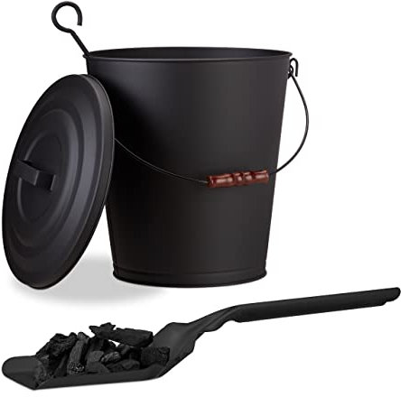 Relaxdays 2X Accessori da Camino, Secchio con Coperchio, Paletta Raccogli Cenere, in Acciaio, 24 L, con Manico, Nero