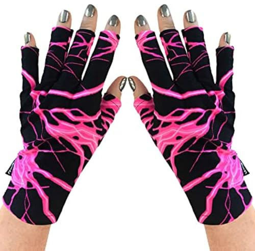 ManiGlovz - The Original UPF 50+ UV Light Protective Nail Gloves | Gel Manicure Gloves and Anti UV Fingerless Gloves for Women | Can be Used as Sun Protection Gloves for Driving |Pink Lightning Print