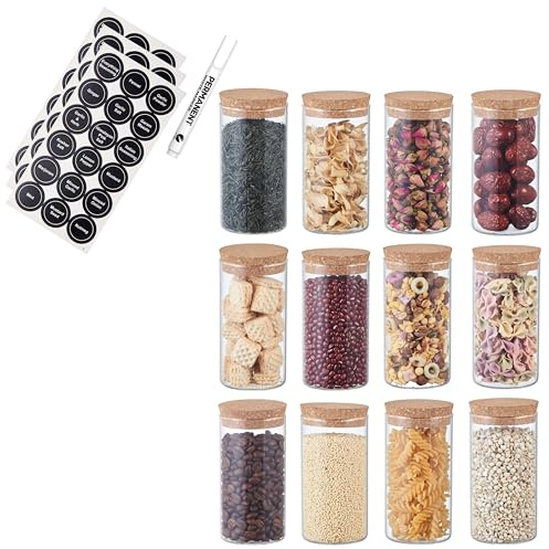ORNAMI Small Glass Food Jar with Cork Lid and Airtight Sealing, Little Clear Canister Jar for Kitchen Storage, for Grains, Seeds, Salt, Pepper, Spices - Set of 12 (300ml)