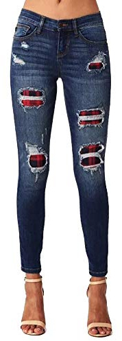 HONGBI Color Block Damen Jeans Leopard Gedruckt Mittlerer Taille Slim Leggings Röhrenjeans Bleistifthose mit Löchern Flicken Jeans Patchwork Damen Pants