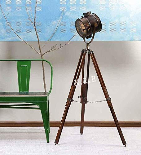 Lampadaire en bois avec trépied, lampe sur pied, design vintage