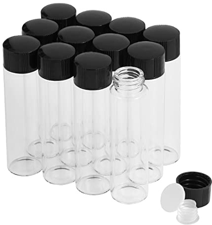 Cadbibe Lot de 12 flacons en verre transparent de 20 ml avec bouchon à vis et bouchons en plastique, petites bouteilles en verre anti-fuite pour liquide, poudre, échantillons et petits objets