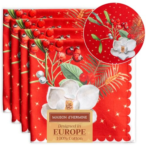 Maison d'Hermine Stoffservietten 100% Baumwolle (45 cm x 45cm, 4er-Set) | Wiederverwendbar, quadratisch, waschbar, ideal für Dinnerpartys, Hochzeiten, Thanksgiving und Weihnachten - Noel