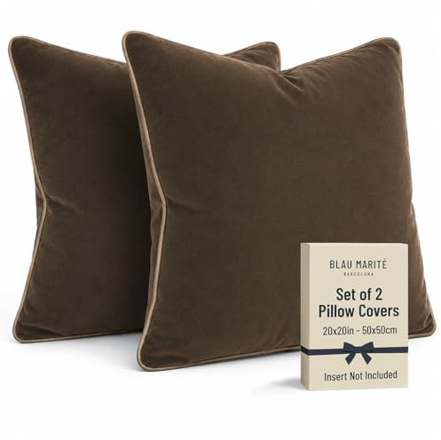 Blau Marité Kissenbezüge 50x50 cm – 2er Set aus weichem Samt – Dekokissen mit kontrastierendem Rand – Braun & Camel – Ohne Füllung