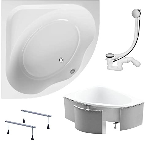 KOLMAN Badewanne STANDARD Eckbadewanne 150x150 mit Styroporverkleidung, Ablaufgarnitur und Füßen Komplettset 4in1 Premium Original Acryl Wanne Siphon