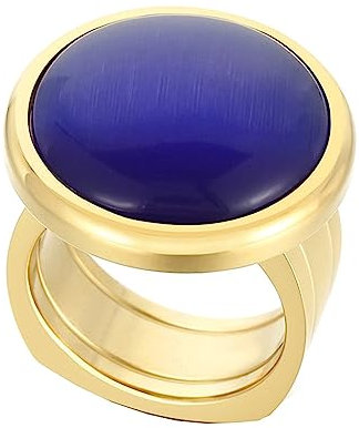 Beydodo Ringe Edelstahl Gold, Damen Ring Personalisiert Breit mit Dunkelblau Stein Siegelring Freundschaftsring Frauen Ringe Nickelfrei Größe 54 (17.2)