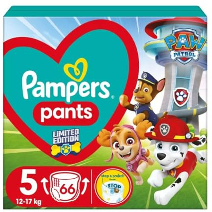 Pampers Pants Windel GröÃŸe 5 (12-17 kg), Hund Patrol Edition, 66 Stück, mit Stopp & Protect Anti-Leckage Back