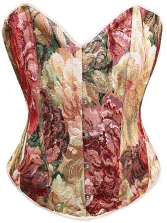 Bslingerie® Korsett för damer, retrostil, vintagestil, viktoriansk stil, motiv med djur, tryck med katter, bustier, renässansstil, magtröja, linne, Röd blommig, M