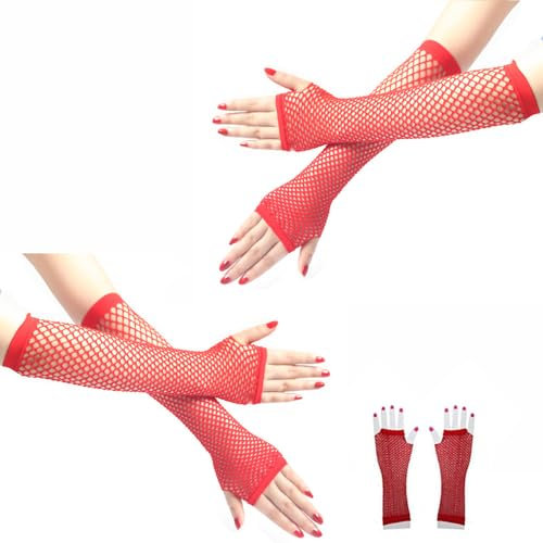 SMTCM Netzhandschuhe Lange 2 Paar Neon Fischnetz Fingerlose Handschuhe Elastische Punk Mesh Gloves Halbfinger Vintage Hohle Netz Armstulpen für 80er Jahre Kostümparty Halloween Cosplay Zubehör(Rot)
