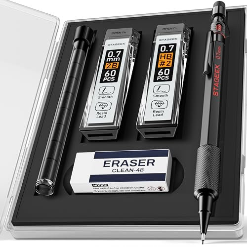 STAGEEK Druckbleistifte 0,7 mm mit Etui, wetterfestes Metallgehäuse, Druckbleistift für den Außenbereich, für Künstler mit 120 HB- und 2B-Minen, Radiergummi, zum Schreiben, Zeichnen und Skizzieren