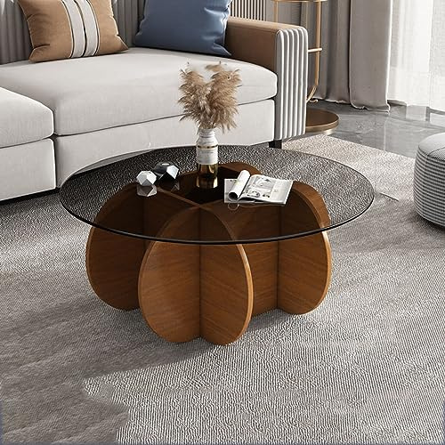 Mesa de centro de cristal con base de madera maciza y parte superior de vidrio templado transparente, mesa central moderna para sala de estar