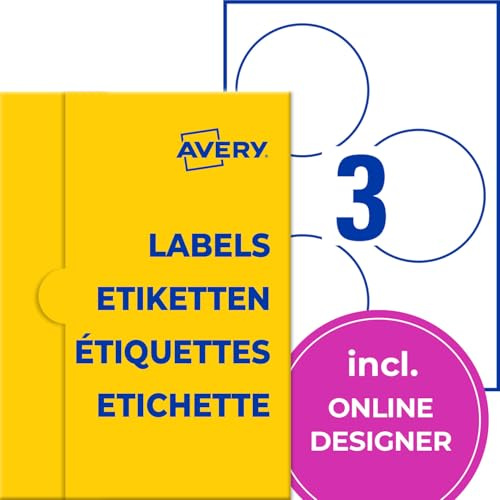 AVERY Zweckform P4870-20 Namensetiketten (60 Namensaufkleber rund, Ø100mm auf A4, selbstklebend, bedruckbare Textiletiketten aus Acetatseide für Laserdrucker, rückstandsfrei ablösbar) 20 Blatt, weiß