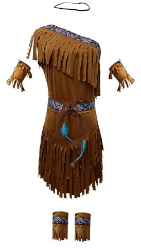 CAMDOM Halloween Indianer-Kostüm 7-teilig Amerikanische Prinzessin Kostüm Waldjäger Kleid