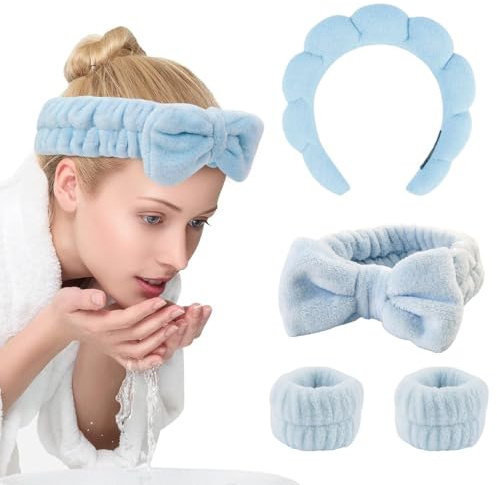 ZEPIQOR Lot de 4 Bandeaux Spa pour Lavage du Visage Soins de la Peau pour Femme Bandeau en Tissu Éponge pour Soins de la Peau Bandeau Gonflé en Éponge pour Lavage du Visage (Bleu)