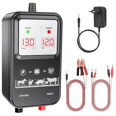 15KM Clôture Électrique pour Animaux, Tension Réglable 7-13KV Puissante 2J electrificateur Clôture Électrique avec Écran LCD, Haute Puissance Étanche Clôture Électrique pour Ferme Jardin Pâturage