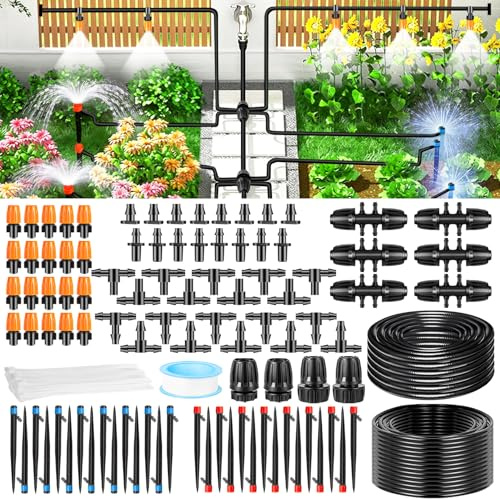 Kit de sistema de riego por goteo de 231 pies, kit de riego automático por goteo con manguera de 1/2 pulgada, tubo de distribución de 1/4 pulgadas y accesorios