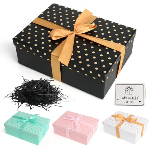 Geschenkbox mit Deckel, Premium Geschenkbox mit Schleifen Raffia Grußkarten, 25x18x8.5cm Faltbare Geschenk Box für Valentinstag Geburtstag Weihnachten Hochzeit(Schwarz)
