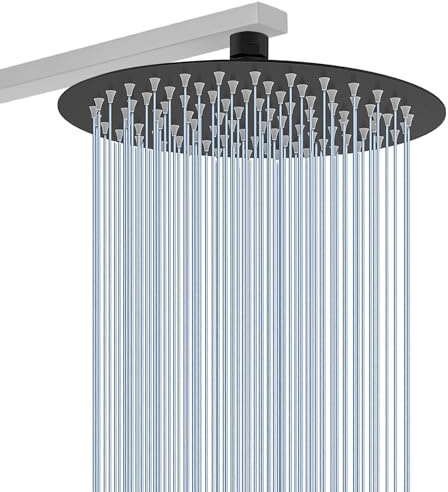 12 Zoll Duschkopf Regendusche, 304 Edelstahl Kopfbrause, Regenduschkopf mit Selbstreinigenden Düsen, Mattschwarz, 360° Wasserfall Decken Regendusche (12 Zoll, Rund)