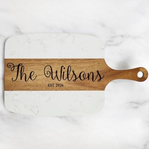 Tabla de embutidos y posavasos de madera de mármol personalizada, tabla de cortar grabada, regalo para ella, regalo de boda, compromiso y regalos de inauguración de la casa (40 x 22 cm, blanco)