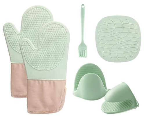 Ofenhandschuhe Hitzebeständig Mintgrün, 6er Set Silikon Ofenhandschuhe mit Silikonunterlage & Pinsel, Topfhandschuhe Set für Backofen Grill Küche Mikrowelle
