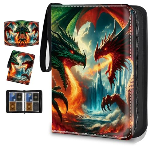 4-Pocket Trading Card Binder with 50 Removable Sleeves - 400-Capacity Zip StoragePU Leather Zippered 3-Ring Album for for MTG, TCG & Sport Cards (Fire Dragon Cover）
