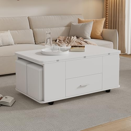 Kelodan Mesa de centro ajustable en altura blanca, mesa de sofá móvil 4 en 1, multifunción, convertible en mesa de salón comedor, mesa de centro con cajones, con 4 taburetes