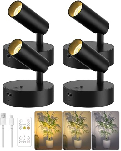 GOODEA Spotlights Indoor with Remote, 3000mAh Rechargeable Battery Plant Spotlight Indoor, Wireless Uplighting with 3 Colors & Dimmable, LED Picture Light for Painting, Artwork Accent Lighting(4 Pack)