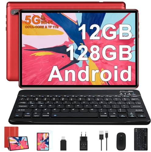 Tablet 10 Pulgadas Android con Octa-Core 2.0 GHz, 12GB RAM + 128GB ROM (2TB TF), 5G WiFi + Bluetooth 5.0, 5MP+8MP, 1080 * 800 FHD IPS, Facciale ID, Widevine L1, Tablet con Teclado y Raton 2 en 1, Red