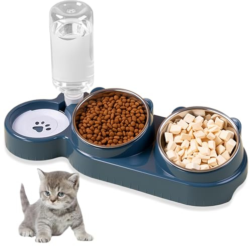 3-in-1 Cat Food and Water Bowl Set, Stainless Steel Cat Bowls with Stand Double Food Bowls with Water Dispenser 15° Tilted Pet Bowl for Cats & Dogs (Blue)