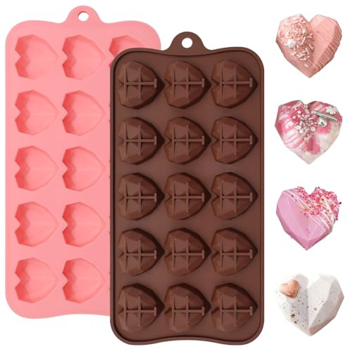 2 PCS Diamond Heart Shape Molds, 3D Diamond Heart Mould, 12 Cavity Chocolate Silicone Moulds for Ice Cube Soap Cake Dessert DIY Tools