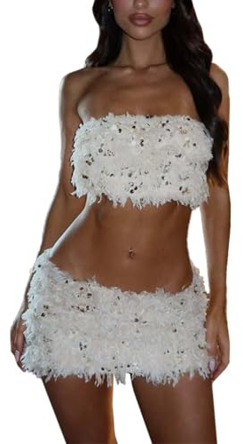 MLSHWUG Damärmlös västtopp Mode Mini Bodycon-kjol Paljetter Pysch Streetwear 2-delar,White,M