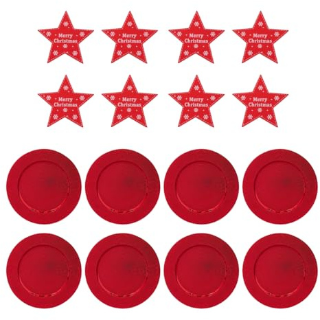 8 Red Star Place Card Holders with 8 Red Charger Plates – Wooden Christmas Name Card Stands & 33cm Decorative Charger Plates for Festive Dining Table Decor