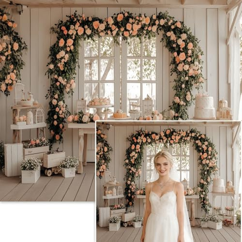 Spring Garden Window Backdrop 10x6.5ft Cream White Rustic Floral Arch Photo Background for Mothers Day, Baby Shower & Cake Smash