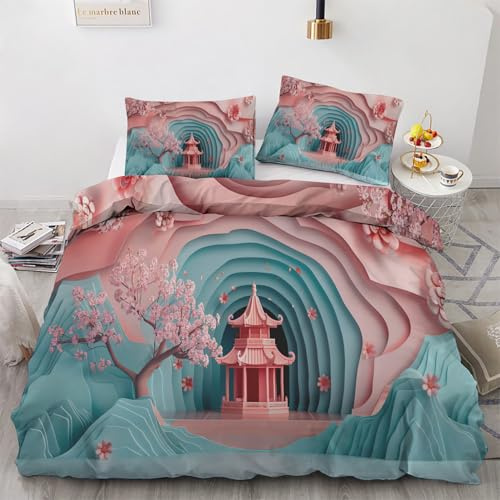 Cherry Blossoms Duvet Cover Twin Size, Pavilion Bedding Set 2pcs, Soft Microfiber Japanese Style Duvet Cover 68x90 and 1 Pillowcases with Zipper Closure