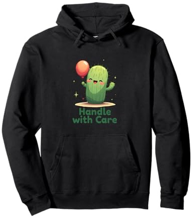 Carino Sorridente Cactus Holding Rosso Palloncino Illustrazione Felpa con Cappuccio